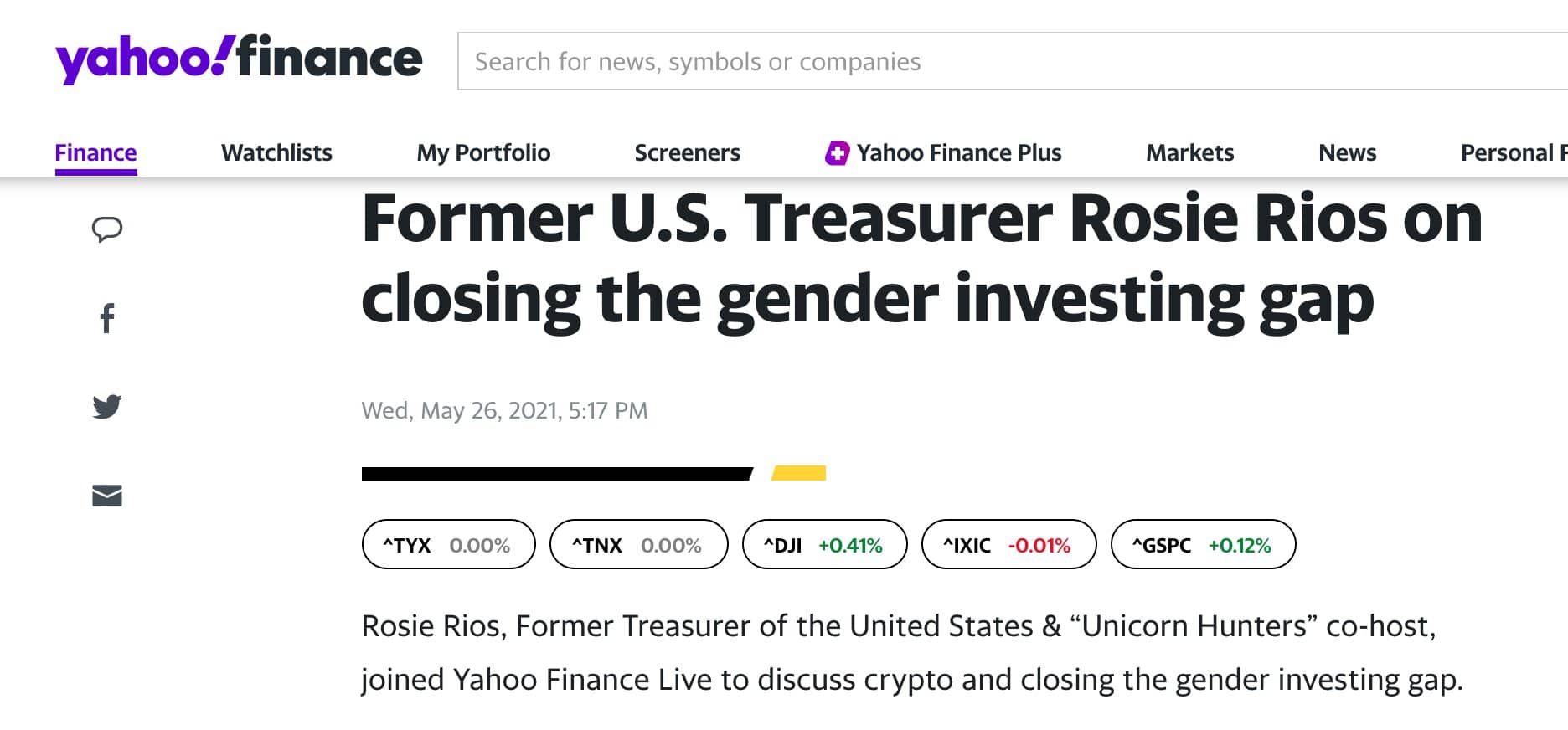 Yahoo Finance - interview of Rosie Rios